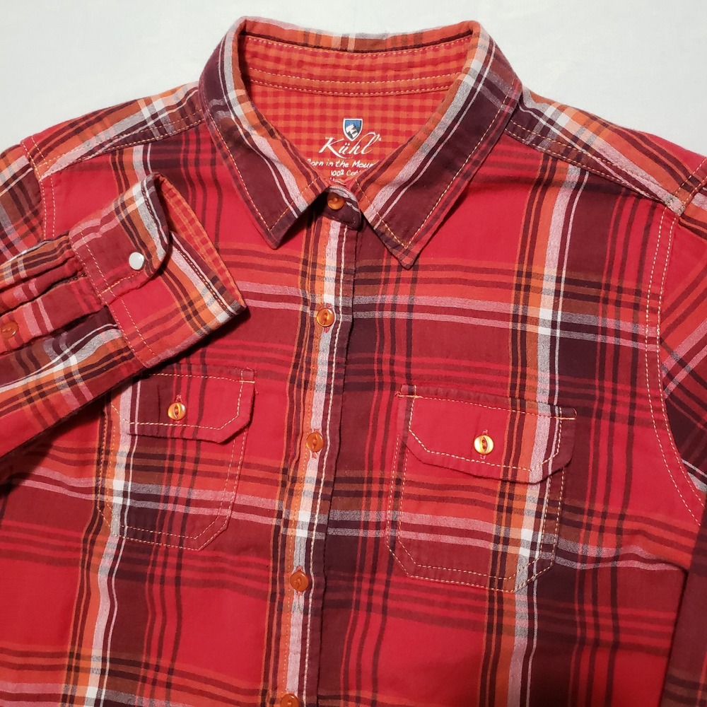 Kuhl Plaid Long‎ Sleeve Button Up Shirt Red Orange White Womens Small